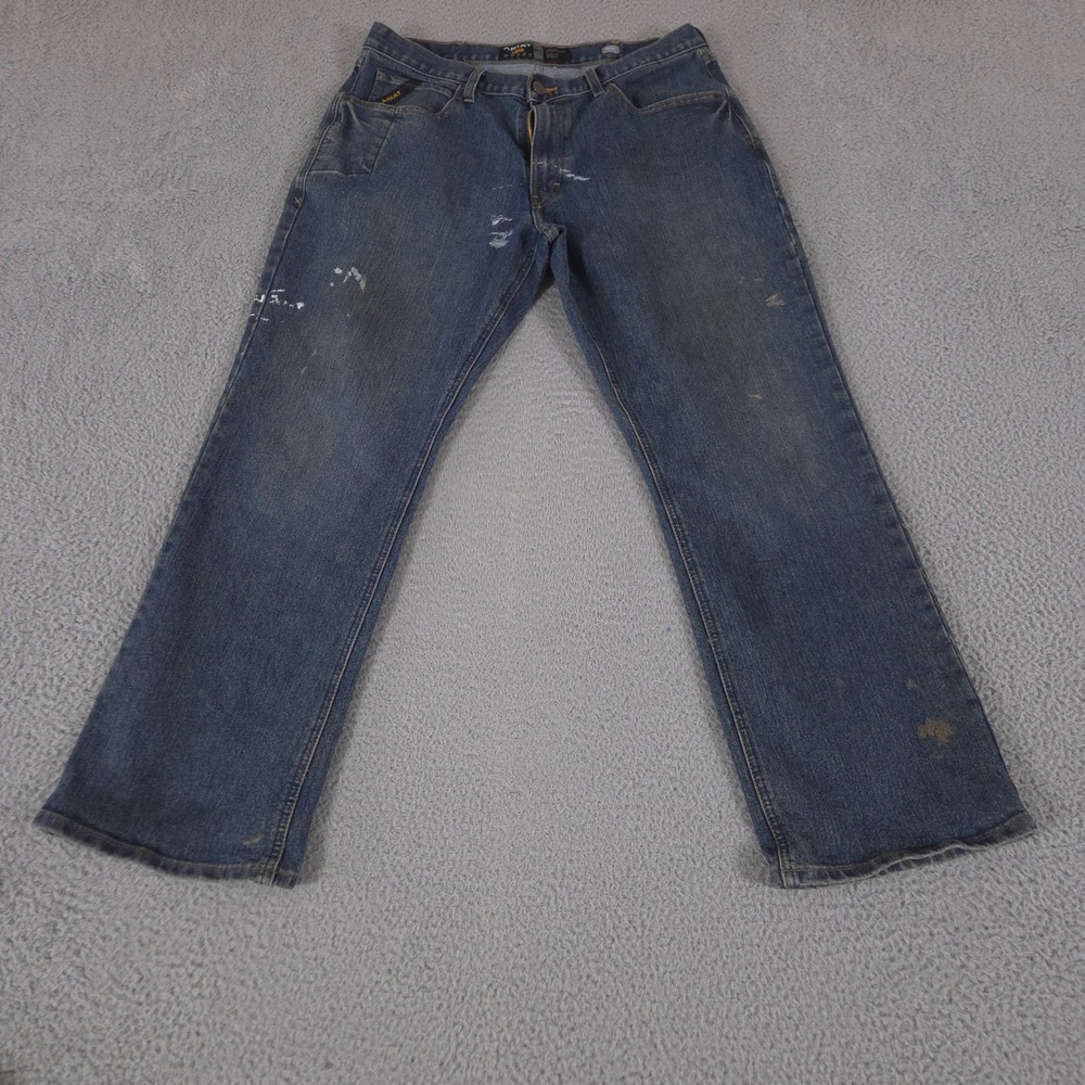 Ariat Jeans Mens 36x32 Blue Rebar M4 Relaxed DuraStretch Basic Boot Cut Stained
